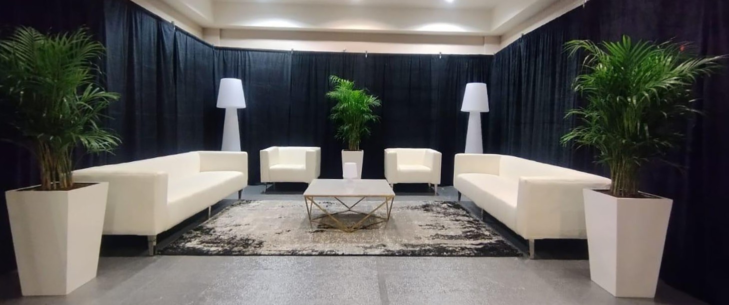 Evolution Furniture Murphy sofas creating a premium artist lounge for Ed Sheeran backstage in Dubai.