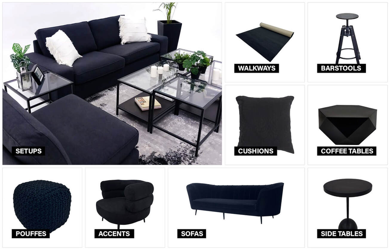 Black furniture collection moodboard featuring coordinated event furniture