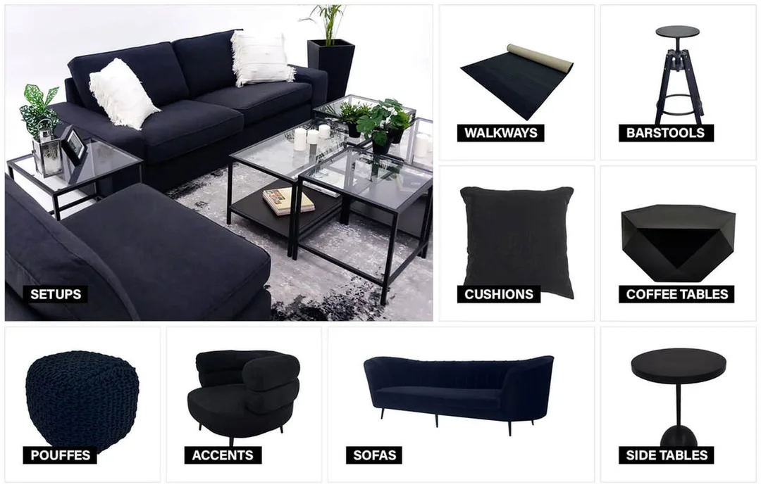 Black furniture collection moodboard featuring coordinated event furniture
