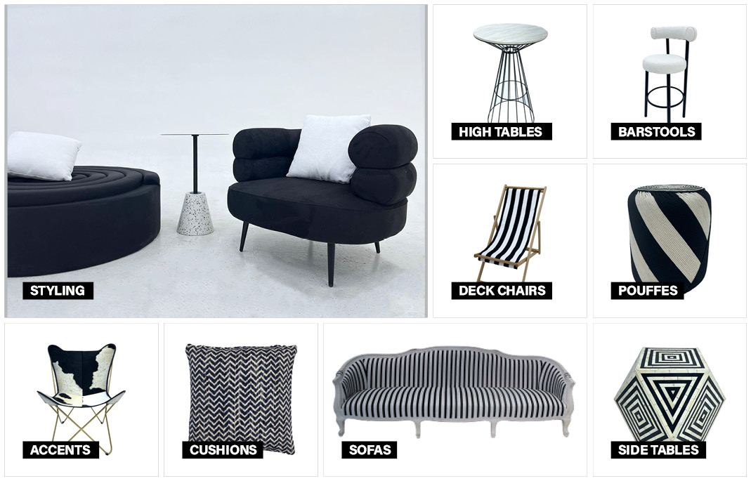 Evolution Furniture Black and White Collection moodboard featuring sophisticated furniture and styling inspiration.