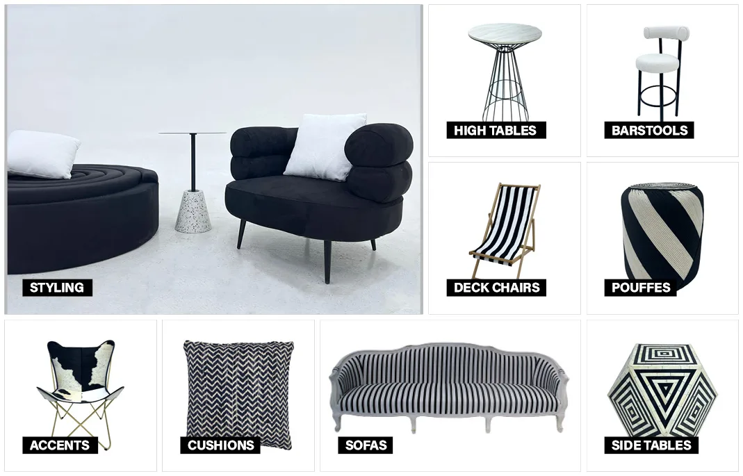 Evolution Furniture Black and White Collection moodboard featuring sophisticated furniture and styling inspiration.