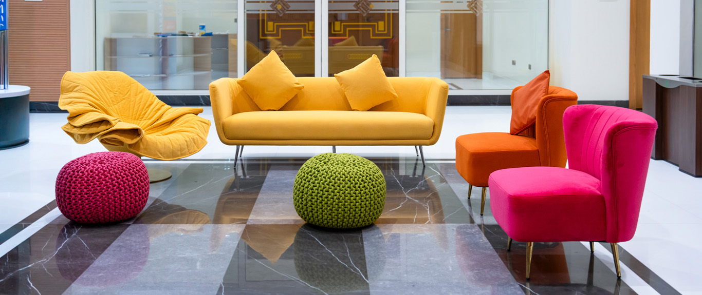 Evolution Furniture colorful lounge seating installed for World Stage Design 2025 in Sharjah.