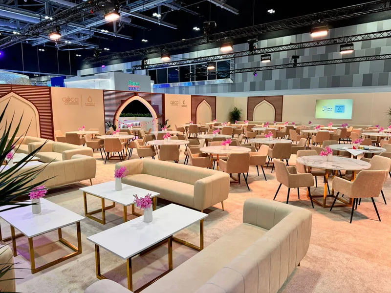 Contemporary conference lounge furniture creating premium networking spaces at the Oman Convention & Exhibition Centre.