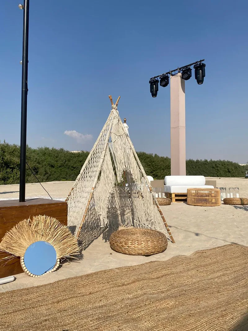 Sophisticated lounge furniture creating relaxed hospitality spaces for a luxury desert celebration.