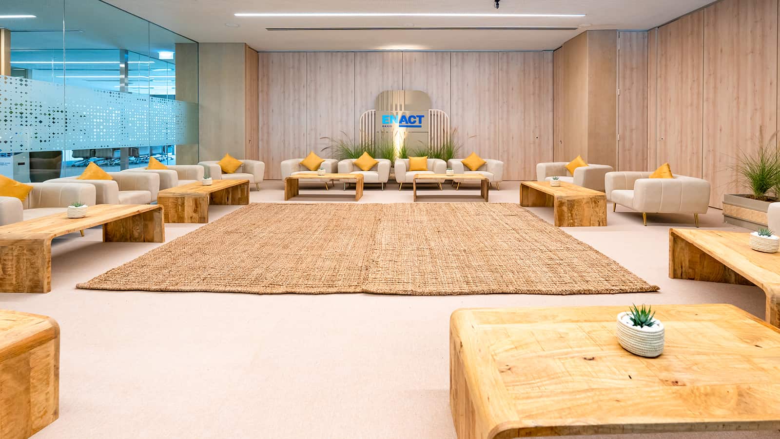 Stylish hospitality seating creating relaxed networking environments.