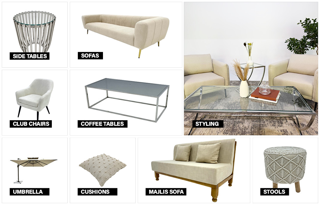 Cream and silver event furniture moodboard creating a refined and luxurious hospitality aesthetic.