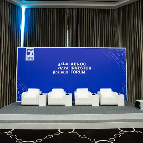 Stage furniture supplied by Evolution Furniture for a corporate investor presentation.