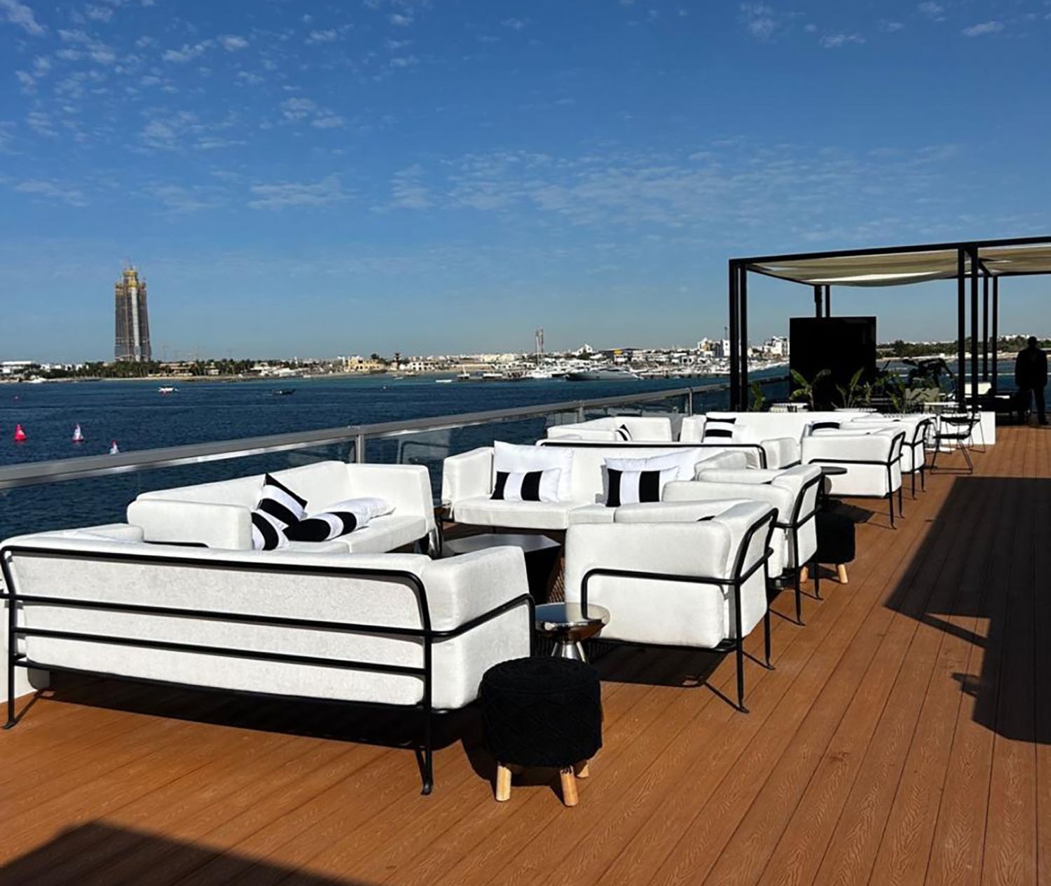 Black and white hospitality furniture styled for premium VVIP guest lounges in Saudi Arabia.