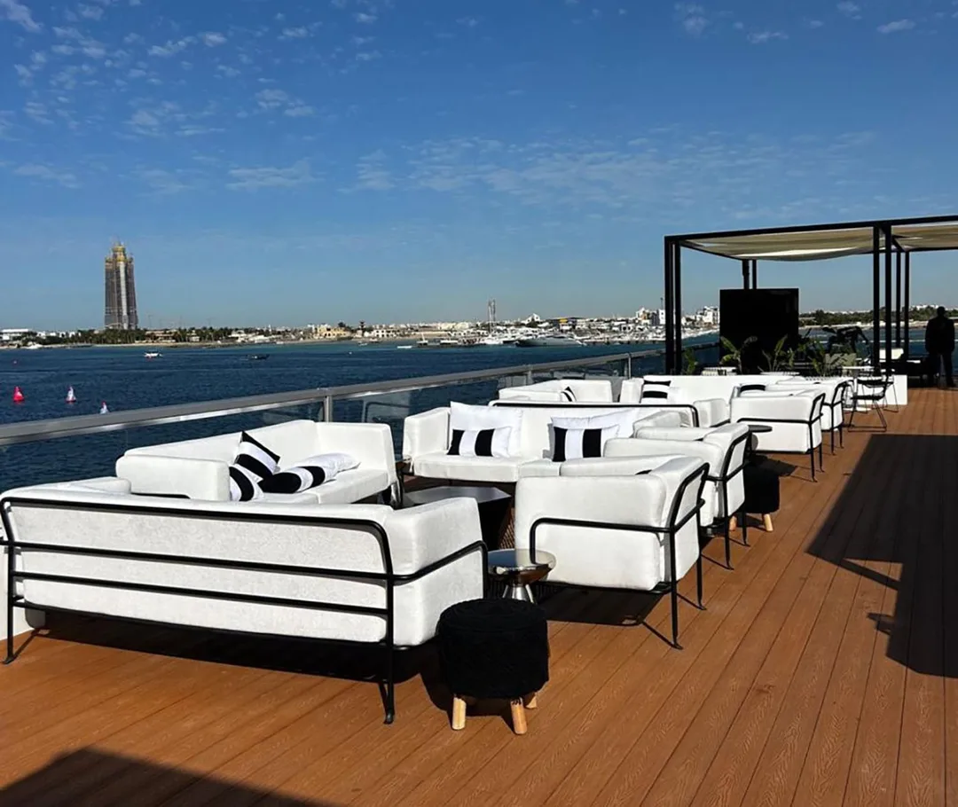 Black and white hospitality furniture styled for premium VVIP guest lounges in Saudi Arabia.