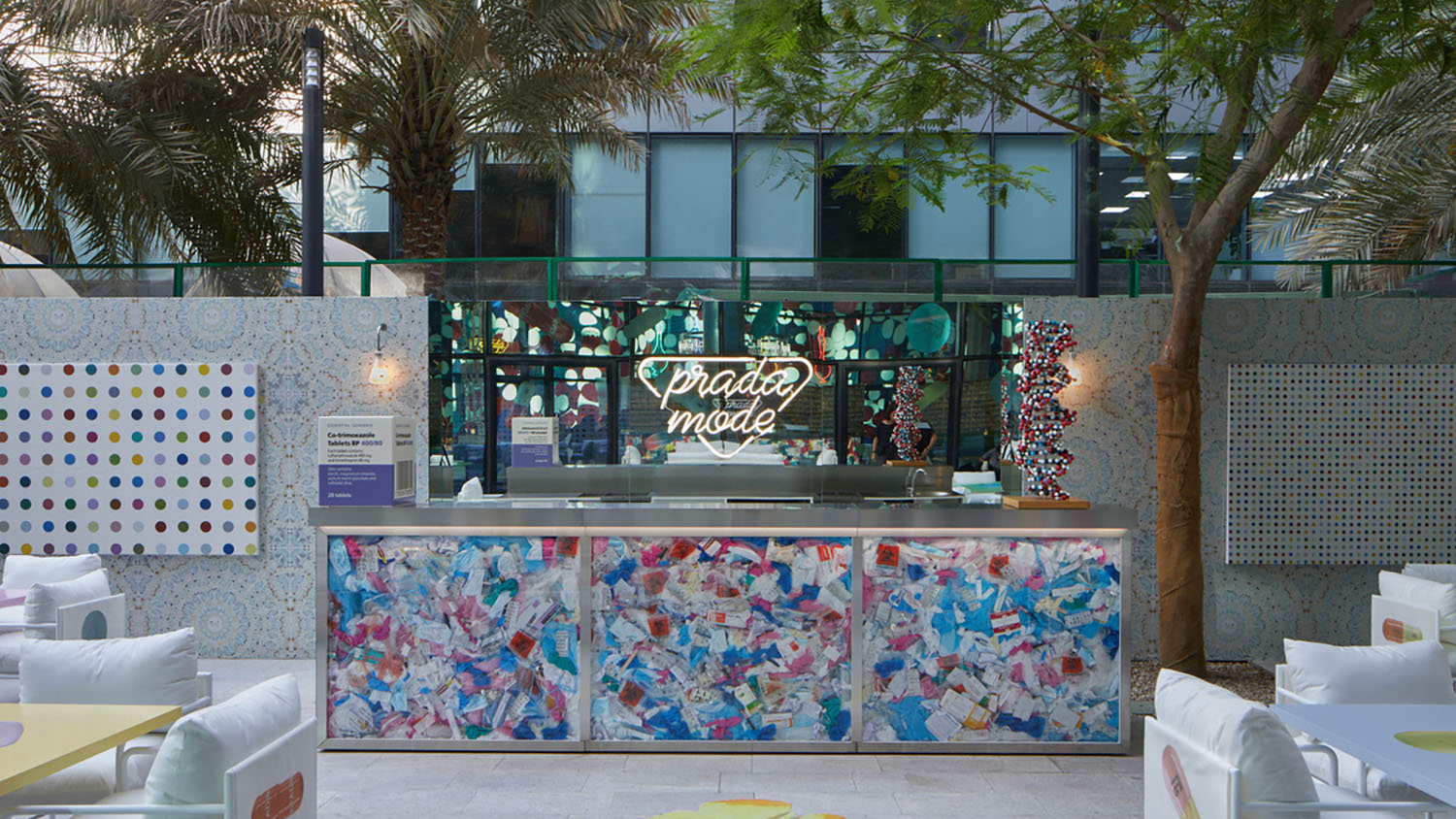 Evolution Furniture bespoke hospitality furniture delivering elegant lounge environments for Prada Mode Dubai 2022.