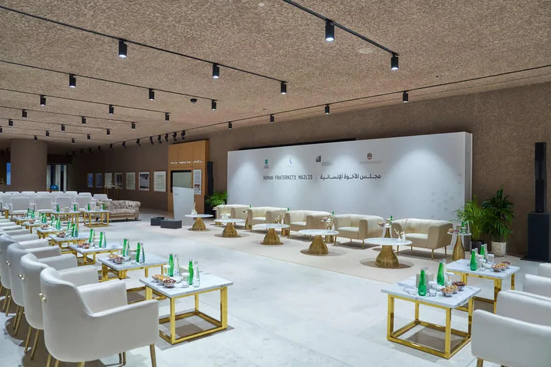 Hospitality lounge styled with Catalina rugs and premium soft seating in Abu Dhabi.