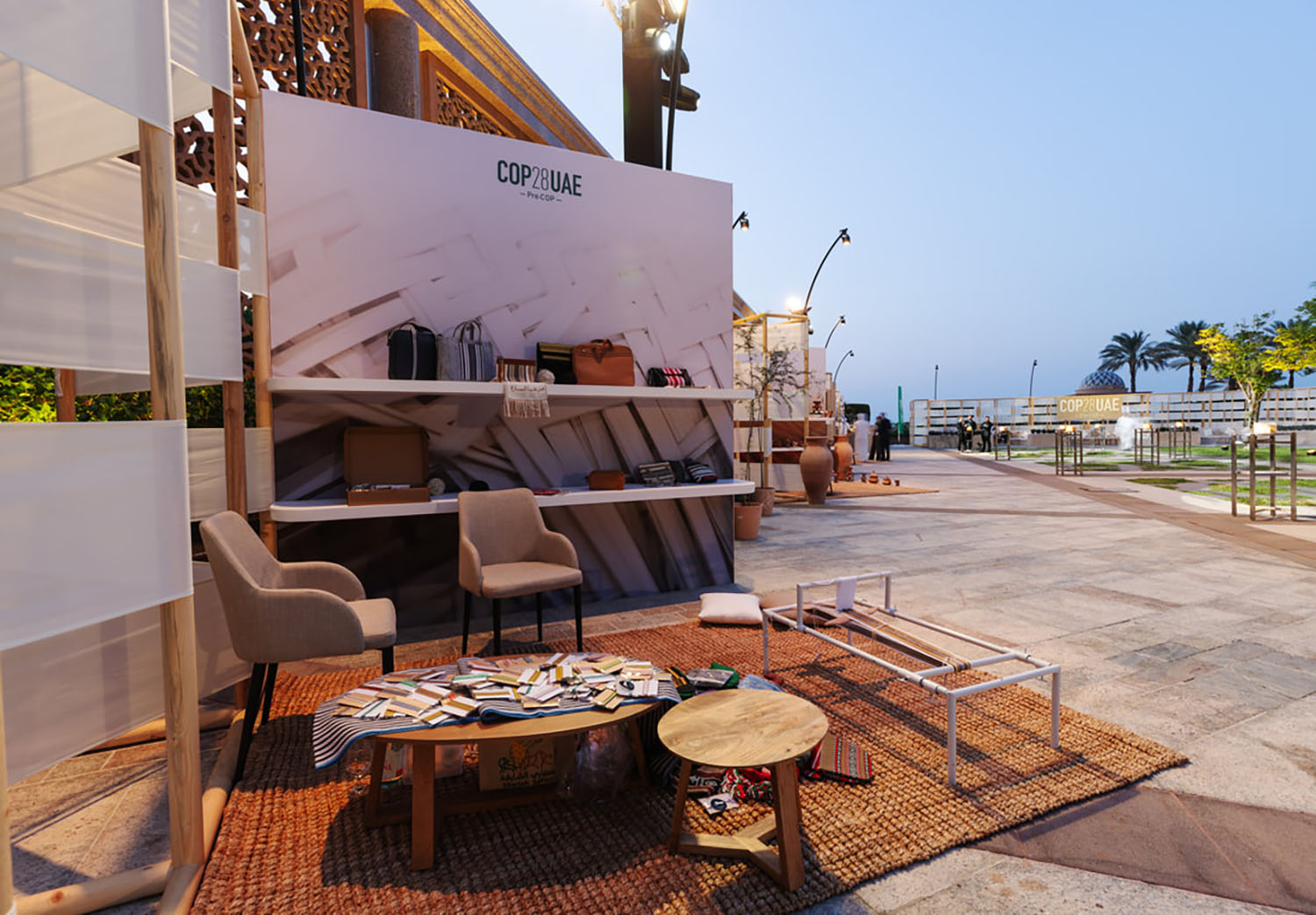 Carefully planned hospitality furniture transforming multiple temporary interiors for PRE-COP28 in Abu Dhabi.