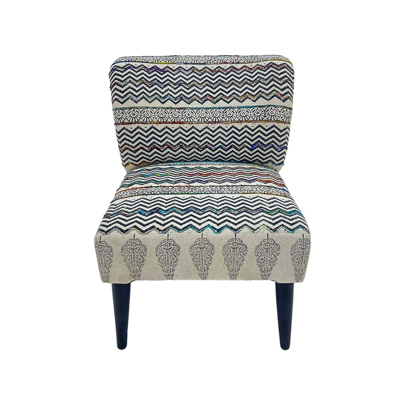 F-AC177-MC Emily accent chair in colourful block printed fabric with black wooden legs 