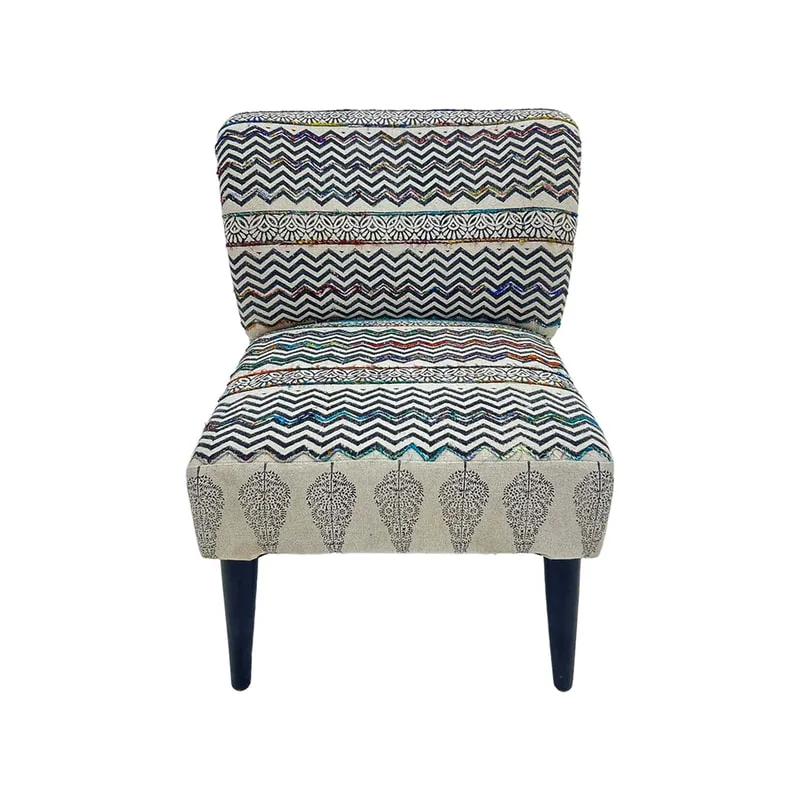 F-AC177-MC Emily accent chair in colourful block printed fabric with black wooden legs 
