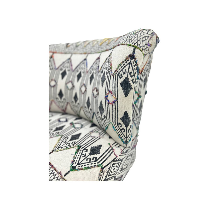F-AC178-MC Charlotte accent chair in colourful block printed fabric with black wooden legs 