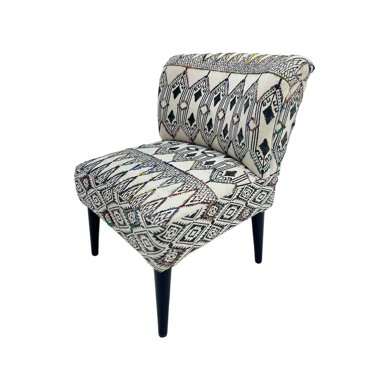 F-AC178-MC Charlotte accent chair in colourful block printed fabric with black wooden legs 