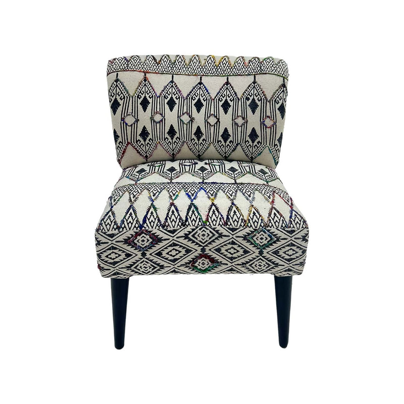 F-AC178-MC Charlotte accent chair in colourful block printed fabric with black wooden legs 