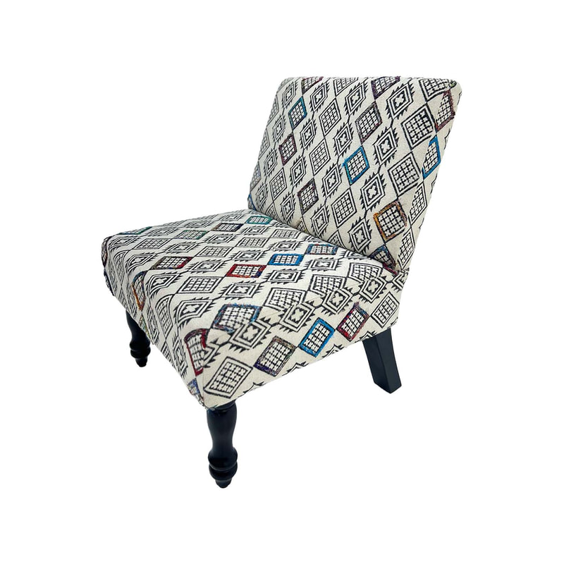 F-AC179-MC Anne accent chair in colourful block printed fabric with black wooden legs 