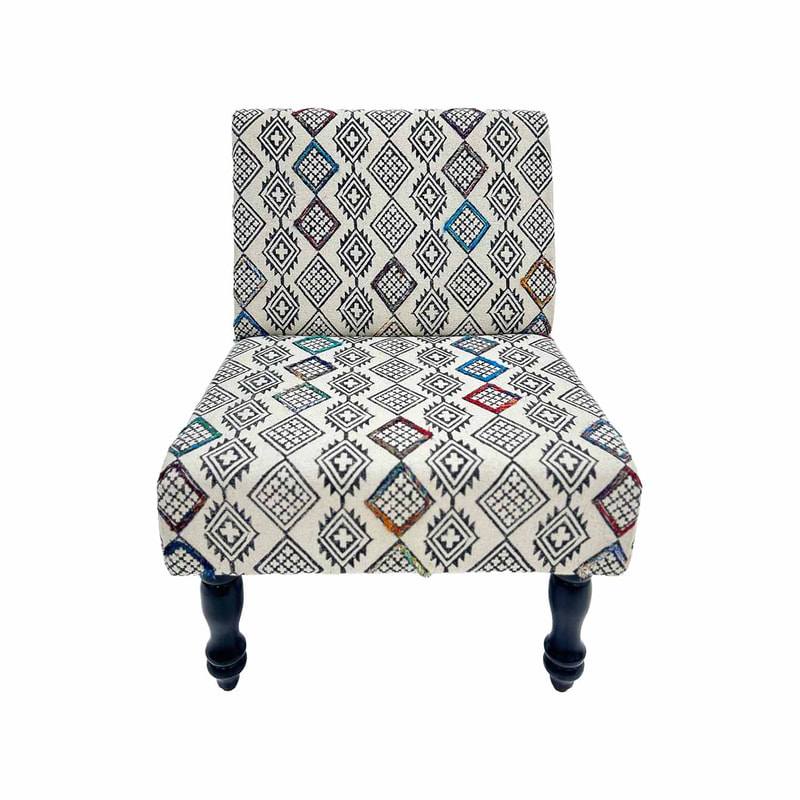 F-AC179-MC Anne accent chair in colourful block printed fabric with black wooden legs 