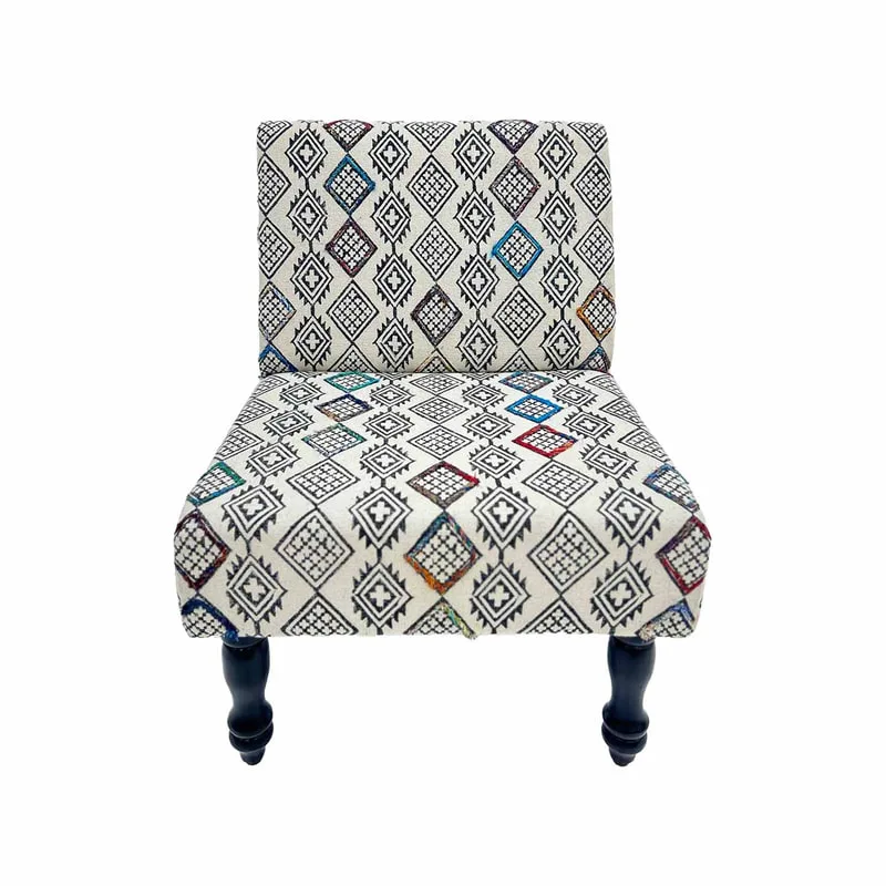 F-AC179-MC Anne accent chair in colourful block printed fabric with black wooden legs 