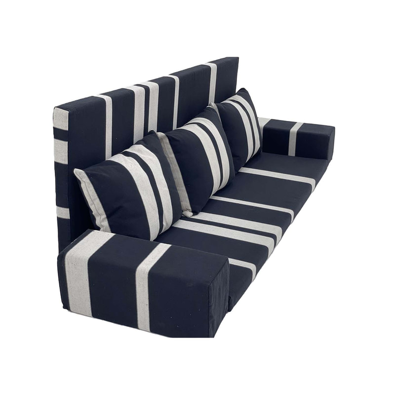 F-AK182-BW Type 2 Arabic seating set with base & back cushion, three pillows & armrests in black & white fabric