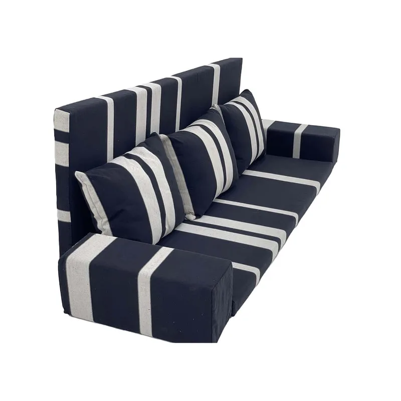 F-AK182-BW Type 2 Arabic seating set with base & back cushion, three pillows & armrests in black & white fabric