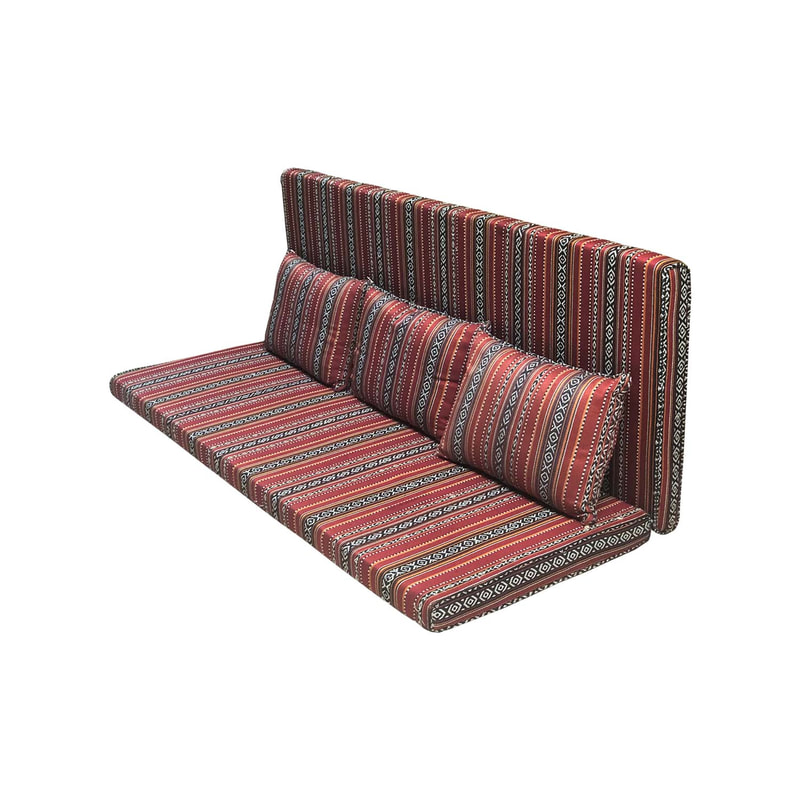 F-AK482-DR Type 2 Arabic seating set with back & base cushion, three pillows in dark red fabric