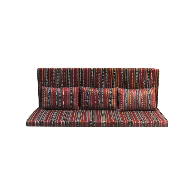 F-AK482-DR Type 2 Arabic seating set with back & base cushion, three pillows in dark red fabric