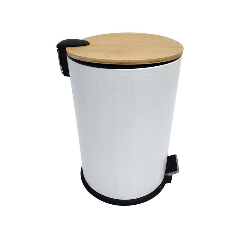 F-BI125-WH Type 7 waste paper bin in white with wooden cover on top