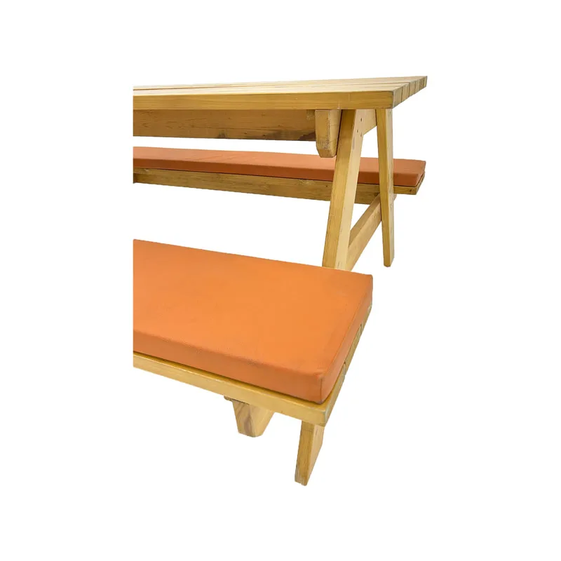 F-BK301-OR Type 1 Picnic bench in light stained wood. Seats 6-8 people with a combination of orange seat pads 