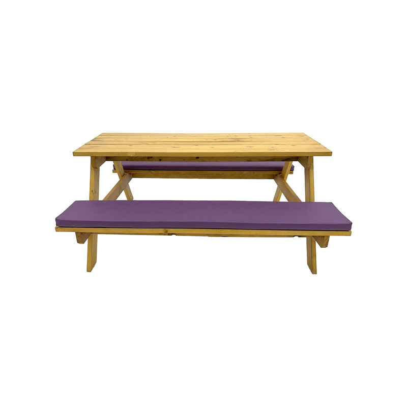 F-BK301-PR Type 1 Picnic bench in light stained wood. Seats 6-8 people with a combination of purple seat pads 