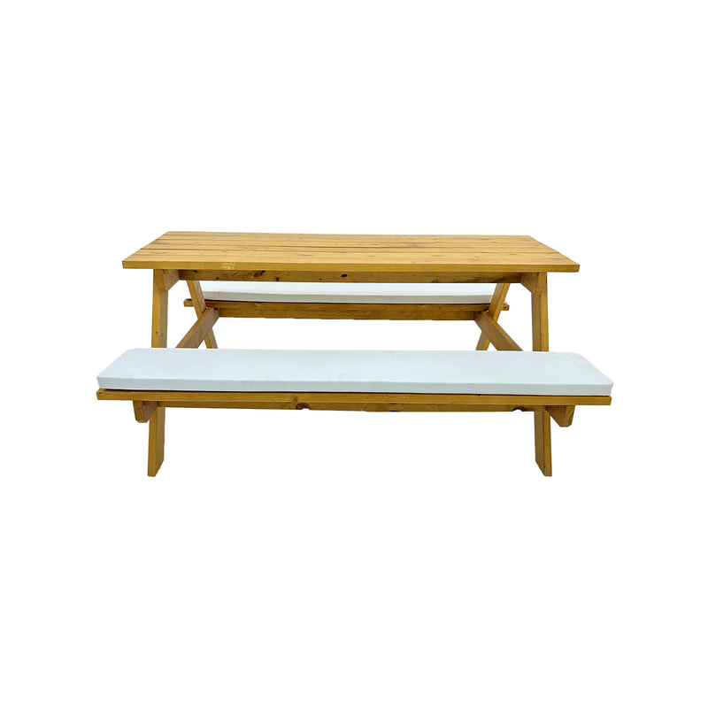 F-BK301-WH Type 1 Picnic bench in light stained wood. Seats 6-8 people with a combination of white seat pads 