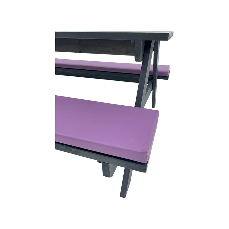 F-BK401-PR Type 1 Picnic bench in black. Seats 6-8 people with a combination of purple seat pads 