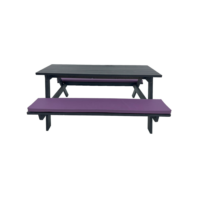 F-BK401-PR Type 1 Picnic bench in black. Seats 6-8 people with a combination of purple seat pads 