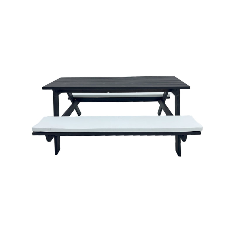 F-BK401-WH Type 1 Picnic bench in black. Seats 6-8 people with a combination of white seat pads 