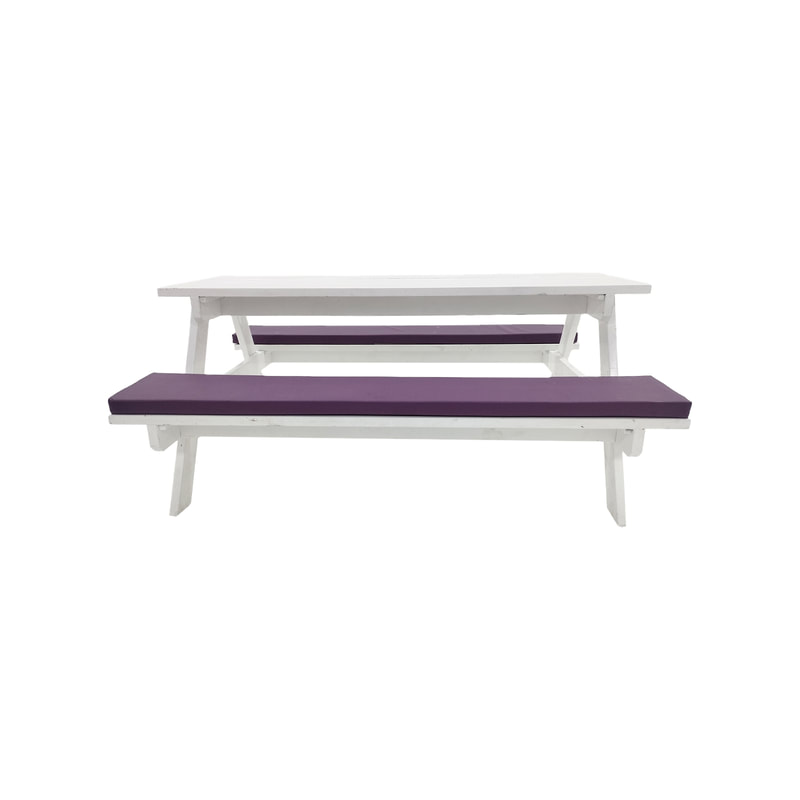 F-BK501-PR Type 1 Picnic bench in White. Seats 6-8 people with a combination of purple seat pads 