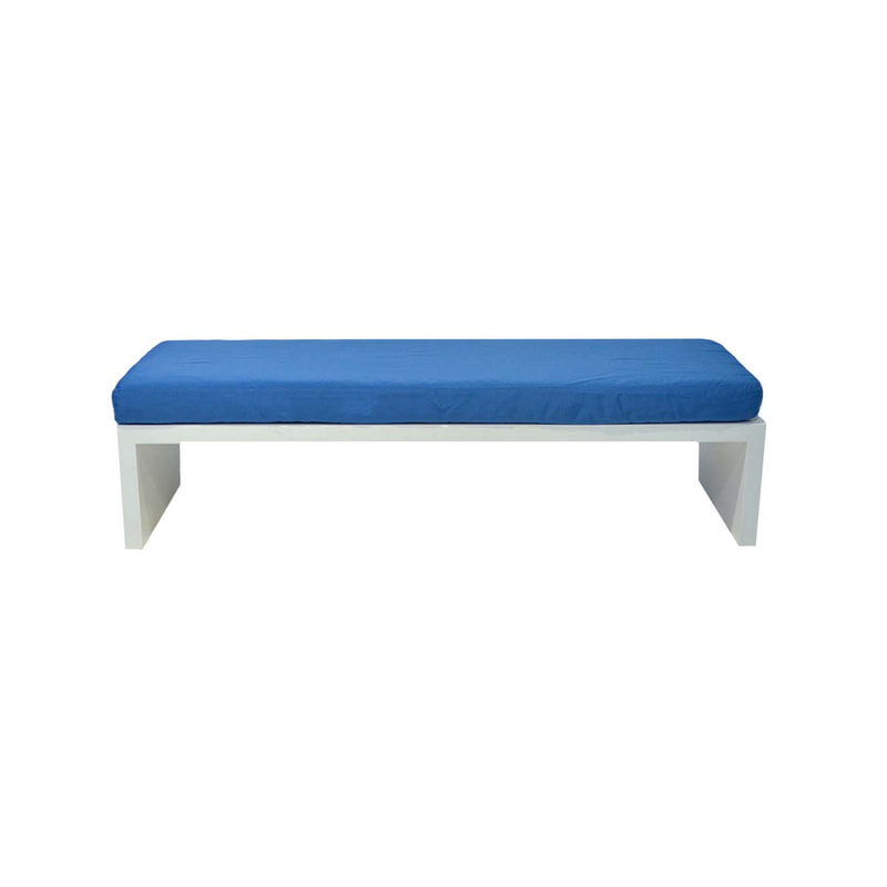 F-BN101-BU Milan bench with mid blue seat pad and base in white paint finish