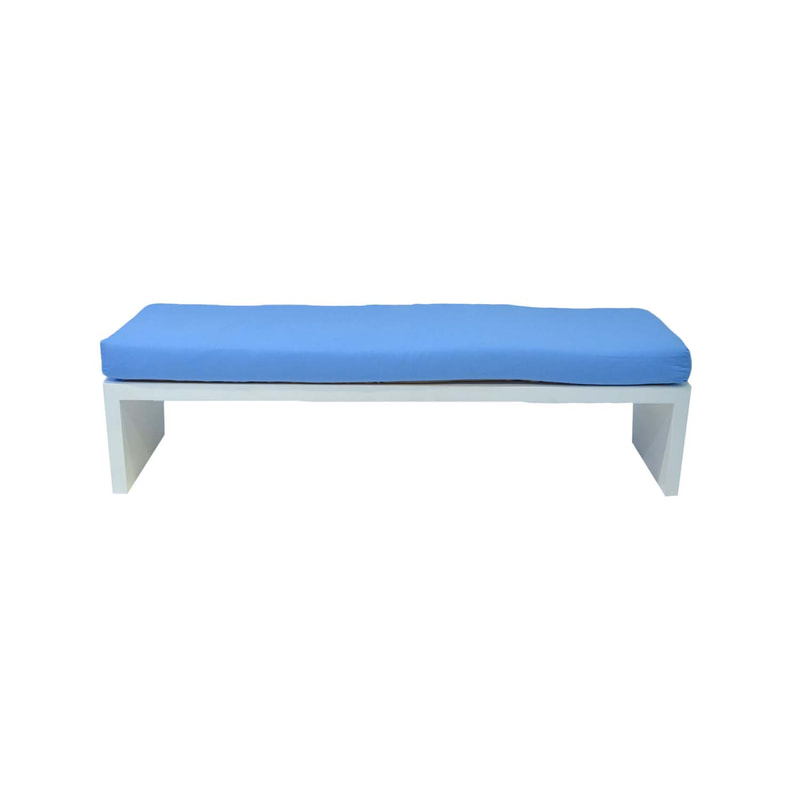 F-BN101-LB Milan bench with light blue seat pad and base in white paint finish