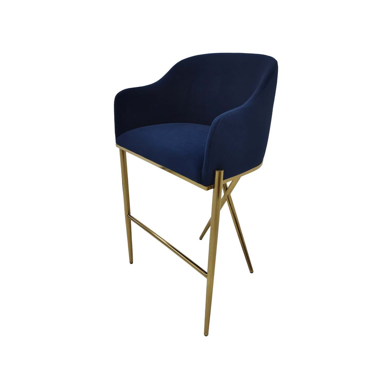 F-BS110-MB Lucia barstool in midnight blue velvet with gold frame