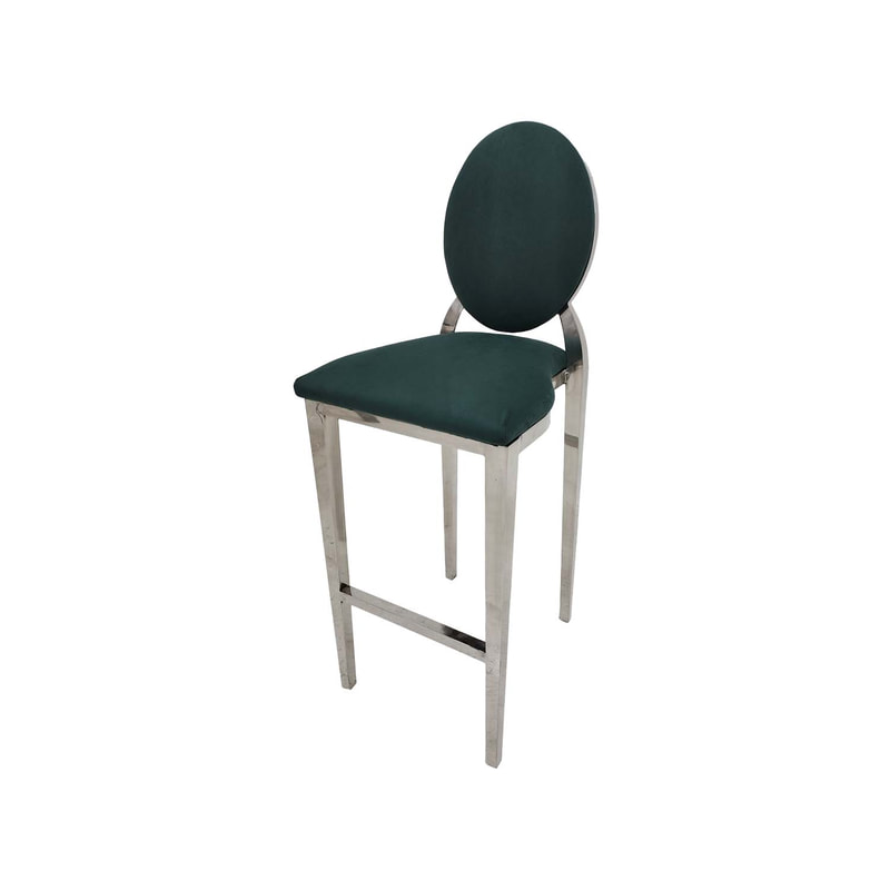 F-BS132-EG Silver Dior barstool with emerald green fabric seat covers