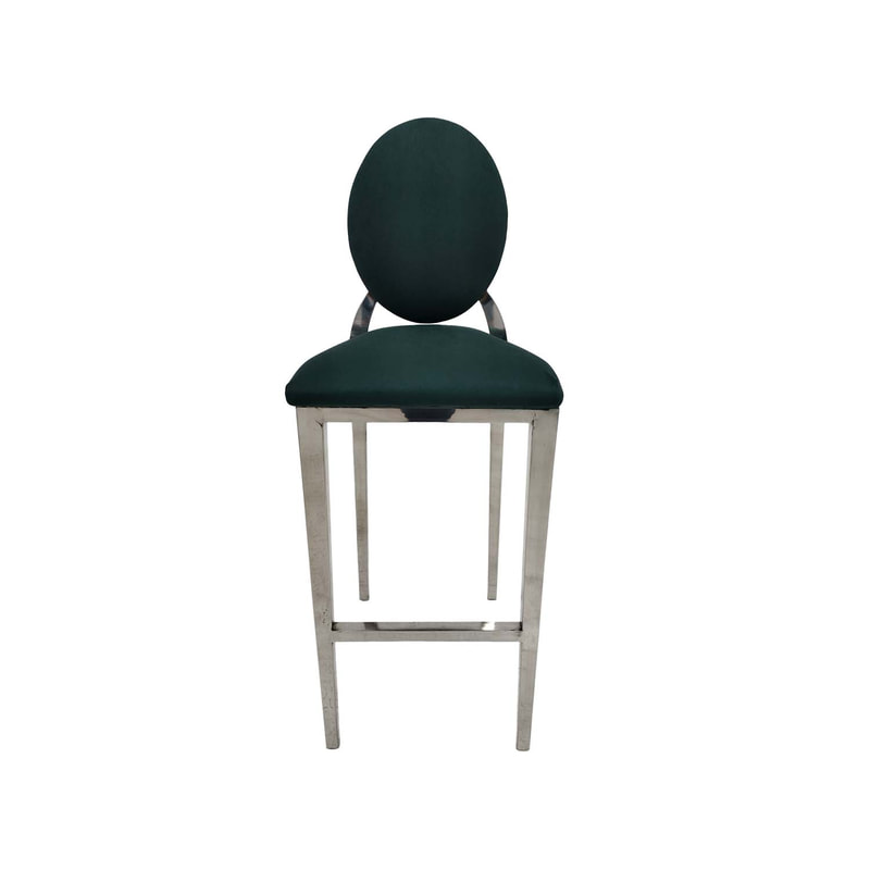 F-BS132-EG Silver Dior barstool with emerald green fabric seat covers