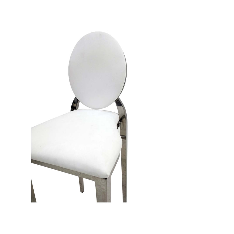 F-BS132-WH Silver Dior barstool with white fabric seat covers