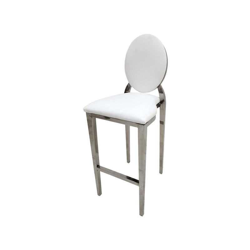 F-BS132-WH Silver Dior barstool with white fabric seat covers