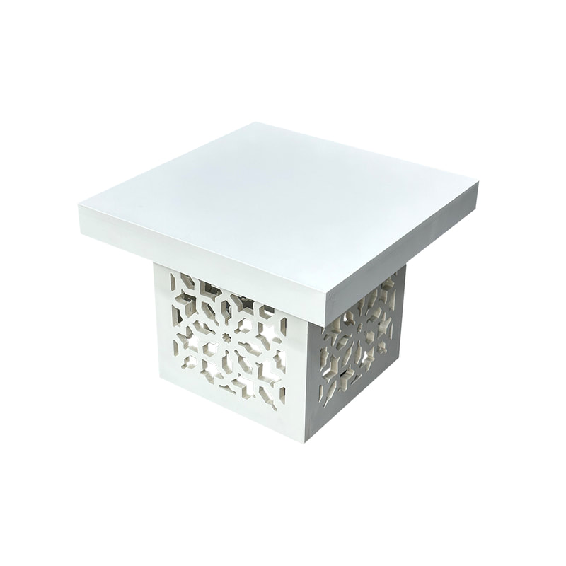 F-CS217-WH Marah square side table in white with mashrabiya pattern frame