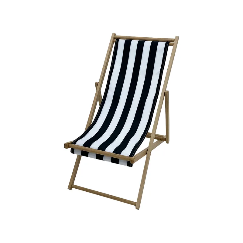 F-DC101-BW Malibu deck chair in black and white striped fabric with natural wooden frame