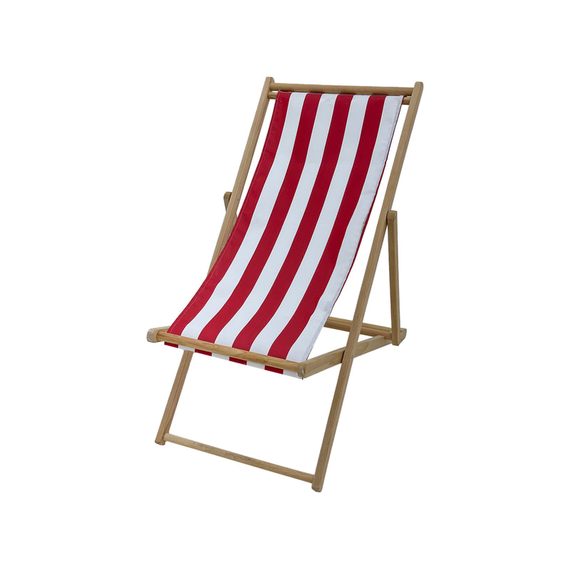 F-DC101-RW Malibu deck chair in red and white striped fabric with natural wooden frame