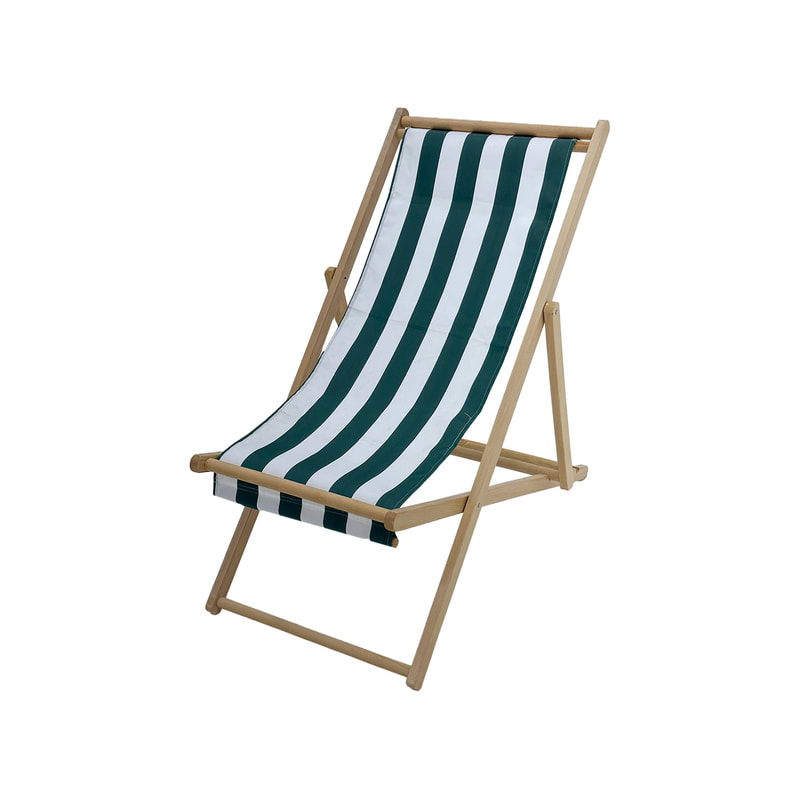 F-DC101-WG Malibu deck chair in green and white striped fabric with natural wooden frame