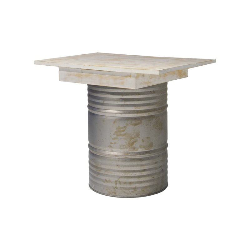 F-OL501-OW Type 1 Rex high table in off-white tinted wood with distressed oil drum