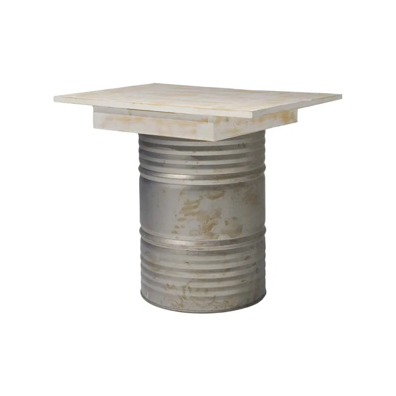 F-OL501-OW Type 1 Rex high table in off-white tinted wood with distressed oil drum