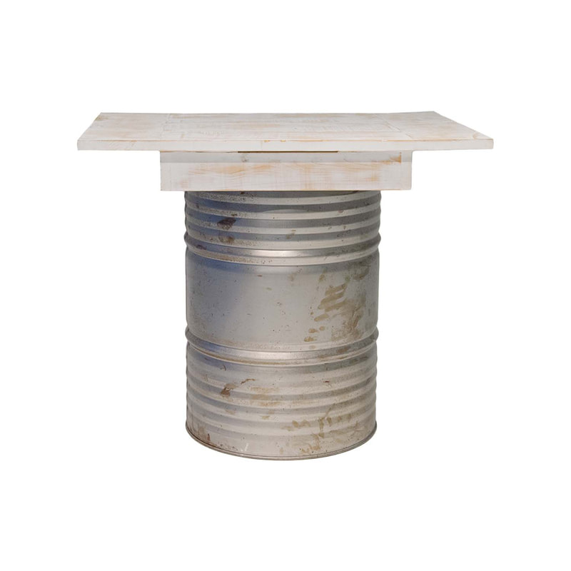 F-OL501-OW Type 1 Rex high table in off-white tinted wood with distressed oil drum